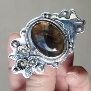 New Smoky Quartz Grace, Love, Beauty and Peace Adjustable 925 Silver Ring.